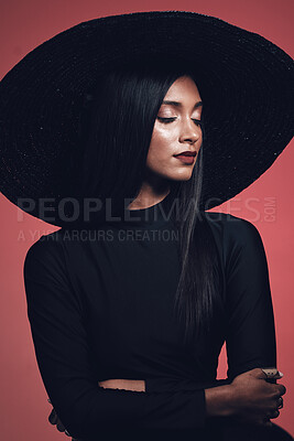 Buy stock photo Fashion, woman in hat with beauty and makeup, elegance and glamour with luxury isolated on studio background. Designer clothes, black aesthetic and female model with style, vintage and cosmetic shine