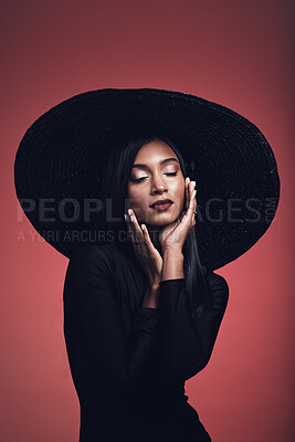 Buy stock photo Fashion, beauty and woman in vintage hat and studio makeup, cosmetics and confidence in creative, luxury or designer clothing. Indian model, retro style and elegant accessories for stylish event