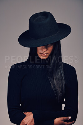 Buy stock photo Fashion, woman in hat and beauty, dark and mystery with  glamour and luxury isolated on studio background. Designer clothes, black aesthetic and female model, vintage style with cosmetics and edgy