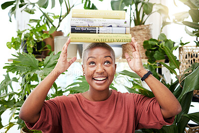 Buy stock photo Plant care, learning and woman reading gardening books for instructions, tips and ideas for home garden. Greenery, nature and black woman with book, manual or thinking of literature on house plants