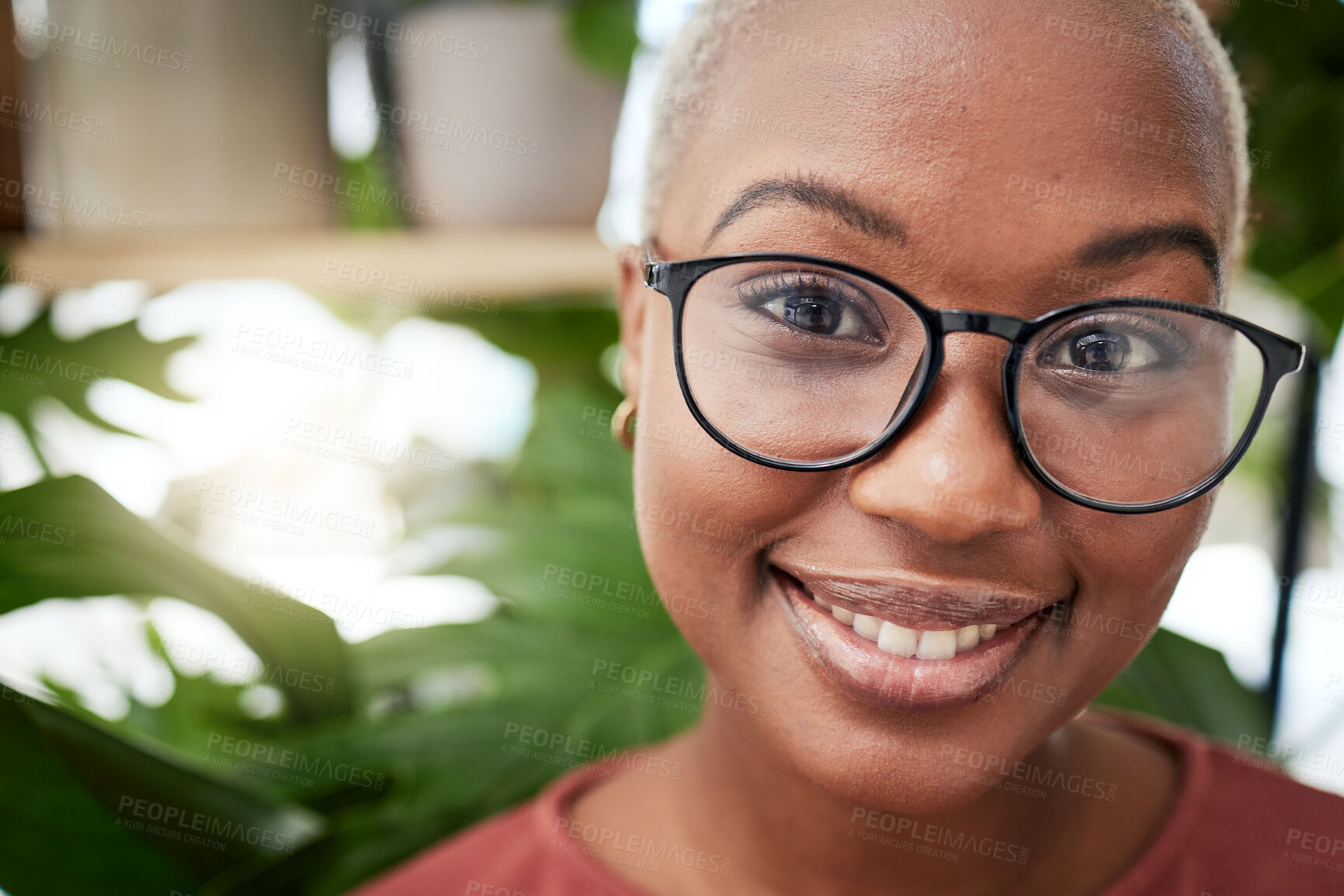 Buy stock photo Face, headshot and black woman in glasses and eye care, optometry with frame and prescription lens for vision. Eyesight, health and ophthalmology, female person in portrait with cosmetic spectacles 