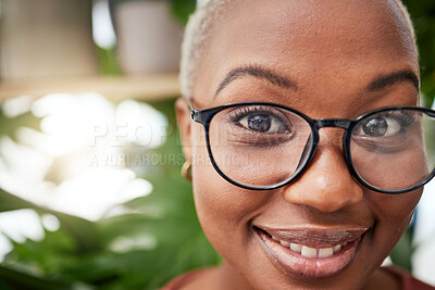 Buy stock photo Black woman, glasses and vision, face with eye care and optometry with frame and prescription lens. Eyesight, health and ophthalmology, female person in portrait with spectacles or cosmetic eyewear