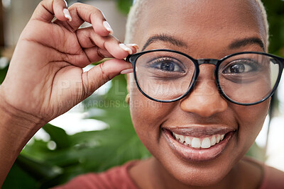Buy stock photo Closeup, face and black woman in glasses and vision, eye care and optometry, frame and prescription lens. Eyesight, health and ophthalmology, female person in portrait with cosmetic spectacles