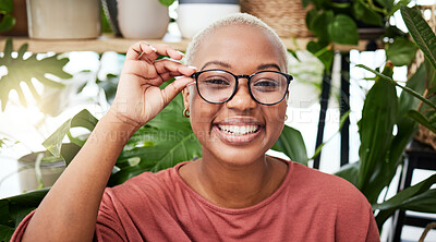 Buy stock photo Black woman, glasses and vision with smile in portrait, eye care and optometry with frame and prescription lens. Eyesight, health and ophthalmology, female person with spectacles or cosmetic eyewear