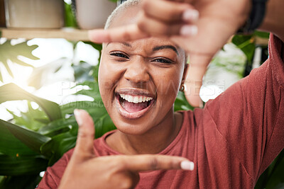 Buy stock photo Black woman, portrait and hands in frame of face for selfie memory, vlog or social media in garden. Happy African female person with smile for photo, picture or capture moment in natural back yard