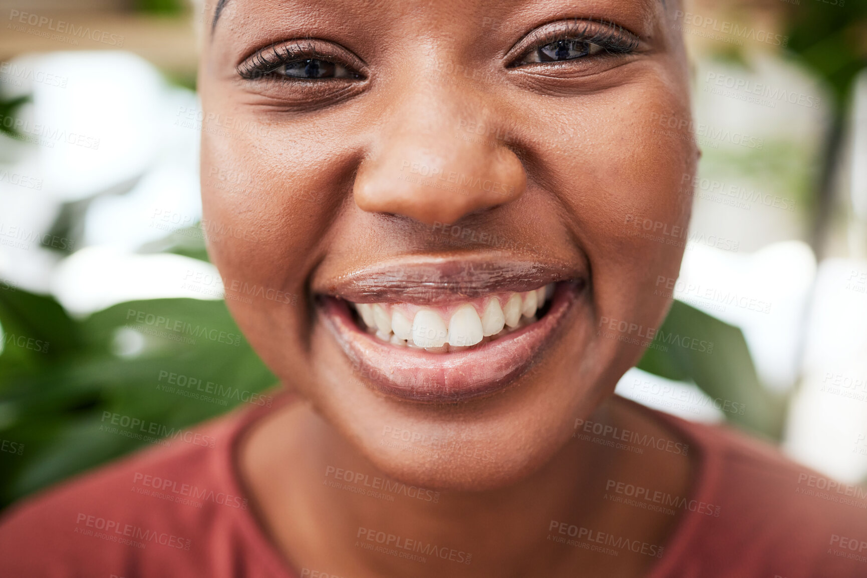 Buy stock photo Portrait, plants and teeth with a black woman gardener in her home for sustainability or green growth. Face, flare and smile with a happy young female person in a nursery for eco friendly gardening