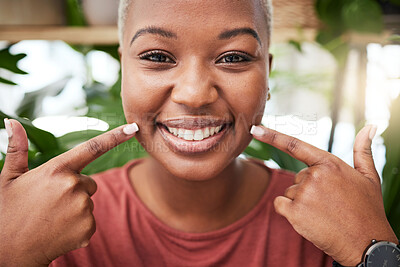Buy stock photo Portrait, smile and black girl is pointing at teeth with happiness for dental hygiene in outdoor. Oral health, face and happy with woman for wellness with mouth for tooth whitening is excited.
