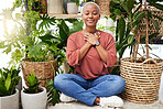 Peace, breathe and calm woman by plants for meditation exercise in a greenery nursery. Health, gratitude and young African female person with a relaxing zen mindset by an indoor greenhouse garden.