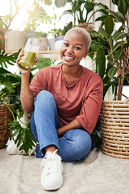 Buy stock photo Healthy, black woman and  green smoothie in portrait with smile for wellness or nutrition. Girl, happy and detox shake in home for vitamins or weightloss for diet or vegan protein in natural drink. 