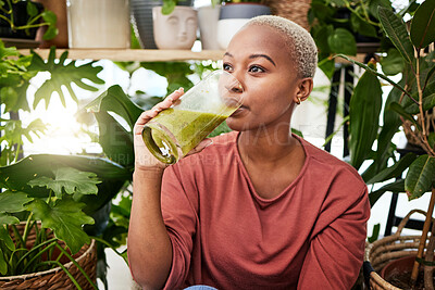 Buy stock photo Healthy, black woman and drinking a green smoothie for nutrition with vegetables for supplement. Girl, detox and enjoying a vegan drink for home or weightloss with vitamin or plants and fruit shake.