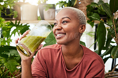 Buy stock photo Black woman, healthy and green smoothie with nutrition for detox or smile with wellness in home. Vegan, drink and girl for natural beverage or smoothie for diet with healthy fruits or plant for juice
