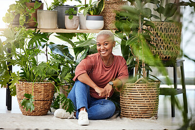 Buy stock photo Black woman, plants in a basket and relax with nature, gardening and sustainability with environment. African female person, eco friendly and smile in portrait, happy with botany and green leaves 