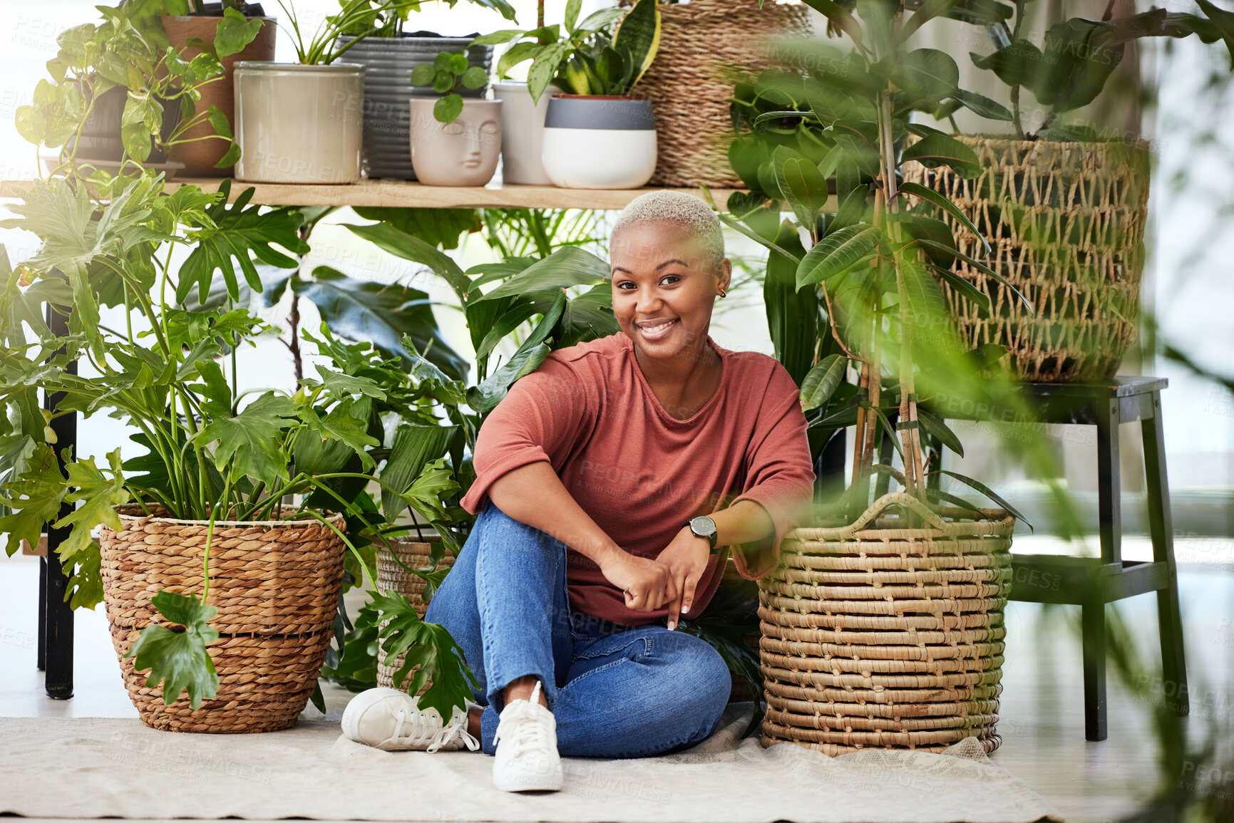 Buy stock photo Black woman, plants in a basket and relax with nature, gardening and sustainability with environment. African female person, eco friendly and smile in portrait, happy with botany and green leaves 