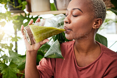 Buy stock photo Health, drink and detox with black woman and smoothie for diet, breakfast and protein. Nutrition, food and weight loss with face of person and glass for green juice, vitamins and supplement