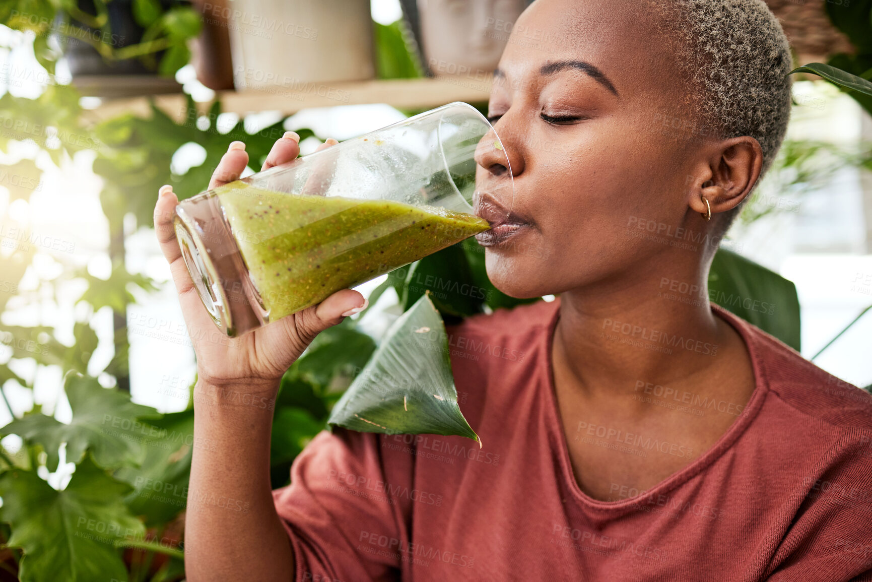 Buy stock photo Health, drink and detox with black woman and smoothie for diet, breakfast and protein. Nutrition, food and weight loss with face of person and glass for green juice, vitamins and supplement