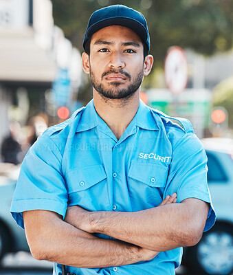 Buy stock photo Security guard, portrait and safety officer man on the street for protection, patrol or watch. Law enforcement, serious and duty with a crime prevention male worker in uniform outdoor in the city