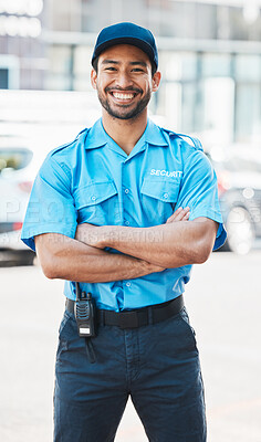 Buy stock photo Portrait, security guard or safety officer man on the street for protection, patrol or watch. Law enforcement, happy and crime prevention worker or asian male in uniform in city with service smile