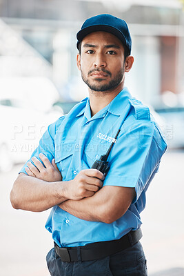 Buy stock photo Security guard, safety officer and portrait of a man on street for protection, patrol or watch. Law enforcement, serious and walkie talkie of a crime prevention male worker in uniform outdoor in city