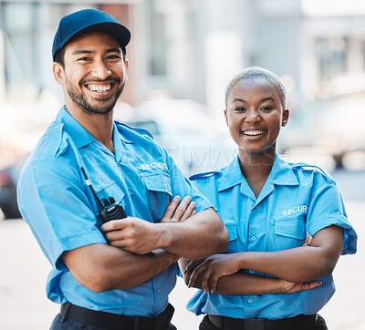 Buy stock photo Security guard, safety officer and team portrait on the street for protection, patrol or watch. Law enforcement, happy and smile of crime prevention man and black woman in uniform outdoor in the city