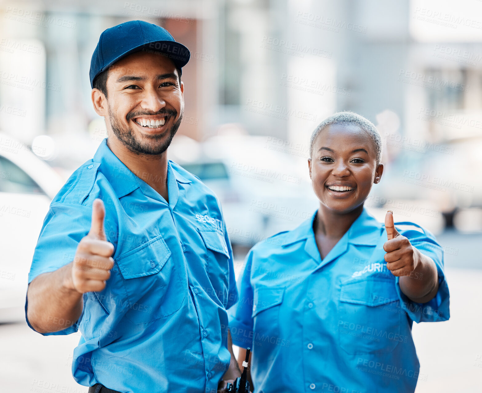 Buy stock photo Security guard, safety officer and team thumbs up on street for protection, trust or support. Law enforcement, happy and hand sign of crime prevention man and black woman in uniform outdoor in city