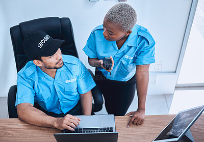 Buy stock photo Security guard, safety officer and team in office with a laptop and walkie talkie for surveillance. Man and black woman working together for crime prevention, communication and law enforcement