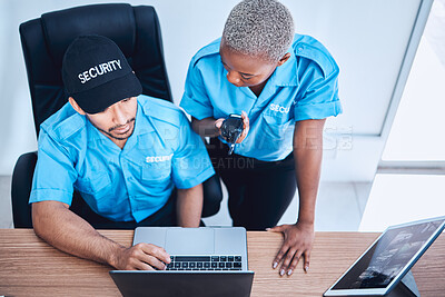 Buy stock photo Security guard, laptop and police team watching surveillance  footage of emergency or investigation. Protection, safety and officer talking in a law enforcement service office for crime in top view