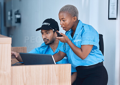 Buy stock photo Security, communication and police team use a walkie talkie or radio for an emergency or criminal investigation. Protection, safety and officer talking in a law enforcement service office for crime
