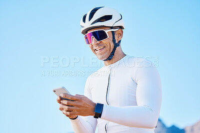 Buy stock photo Cyclist, relax or happy man with phone on social media for sports, training exercise or fitness workout. Smile, break or male biker resting with mobile app for networking, browsing or searching info