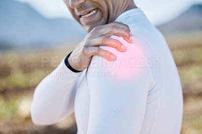 Buy stock photo Biker, hand or man with shoulder pain, injury or inflammation outdoors with torn muscle, strain or bruise. Cyclist, injured or sports athlete with accident, red glow or emergency in training practice
