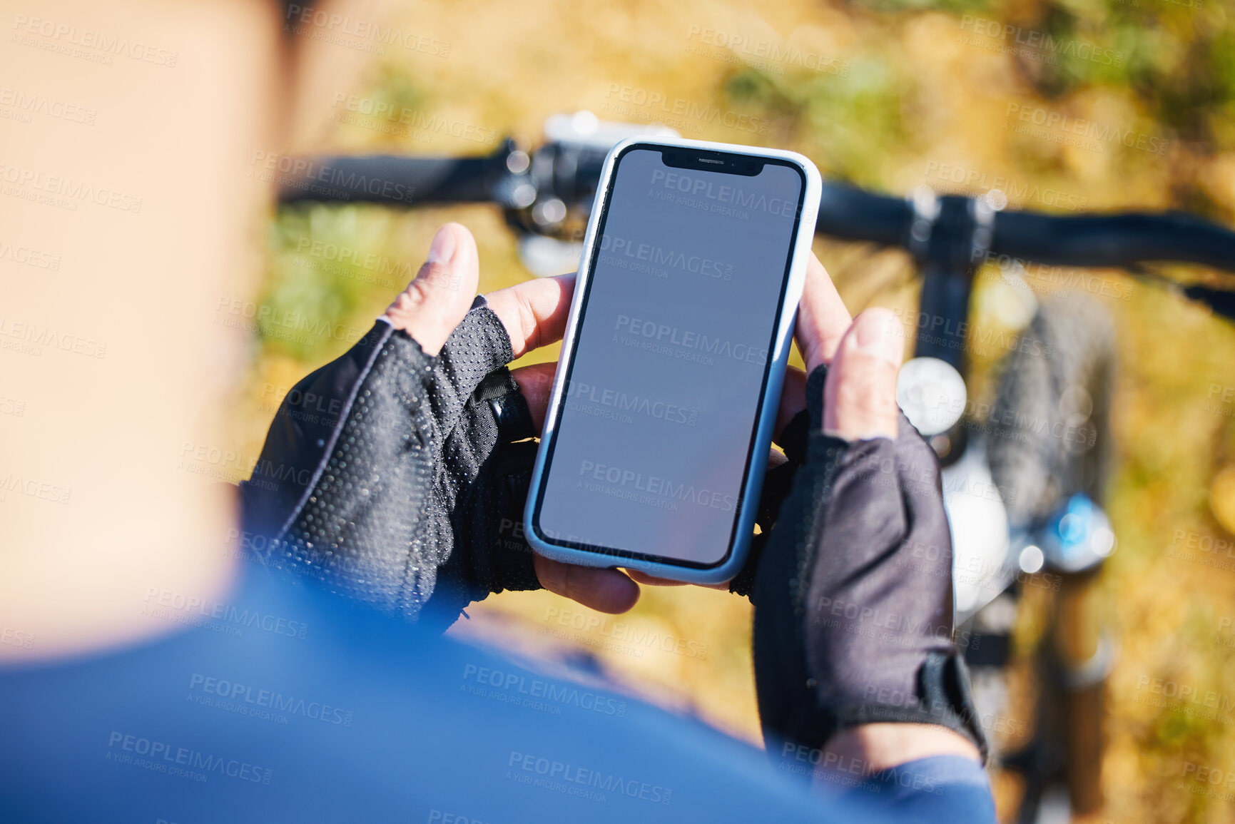 Buy stock photo Cycling, mockup space or cyclist with phone on social media for sports, training or fitness workout content. Screen ux, bicycle or biker with mobile app ui for networking, browsing or searching 