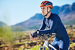 Fitness, thinking or man cycling on a bicycle for training, cardio workout and exercise on mountain road. Relax, healthy recovery or tired sports athlete biker resting on a break or trail adventure 