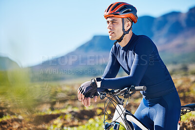 Buy stock photo Fitness, thinking or man cycling on a bicycle for training, cardio workout and exercise on mountain road. Relax, healthy recovery or tired sports athlete biker resting on a break or trail adventure 