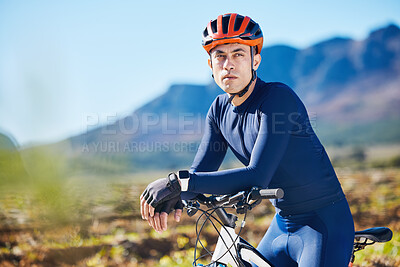 Buy stock photo Relax, thinking or man cycling on a bicycle for training, cardio workout and exercise on mountain road. Fitness, energy recovery or tired sports athlete biker resting on a break or trail adventure 