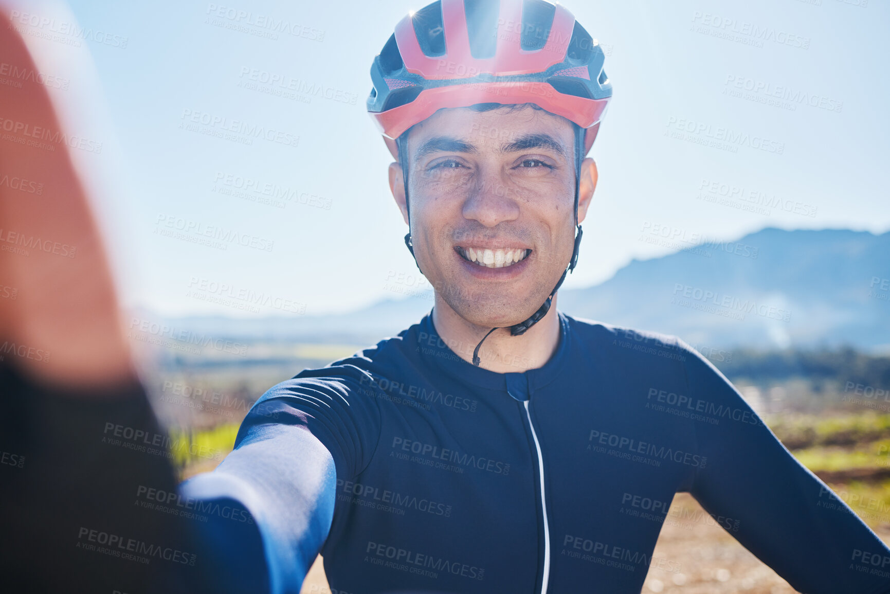 Buy stock photo Selfie, portrait or happy man cycling by mountains on countryside in Switzerland for fitness. Face, smile or sports athlete biker with photo or profile picture in training, workout or exercise trip