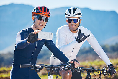 Buy stock photo Fitness, bike and selfie with friends in nature for cycling, taking a break from a cardio or endurance workout. Exercise, mountain and man cyclist team taking a picture together while sports training