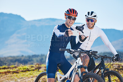 Buy stock photo Fitness, bike and cycling selfie with friends taking a break from their cardio or endurance workout. Exercise, mountain and a man cyclist team taking a picture during countryside sports training