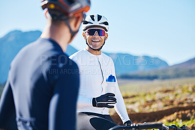 Buy stock photo Fitness, bike and water with friends in nature for cycling, taking a break from their cardio or endurance workout. Exercise, mountain and a man cyclist team outdoor to relax during sports training