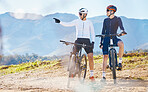 Fitness, bike and pointing with friends in nature for cycling, taking a break from a cardio or endurance workout. Exercise, mountain or countryside view with a man cyclist team training for sports