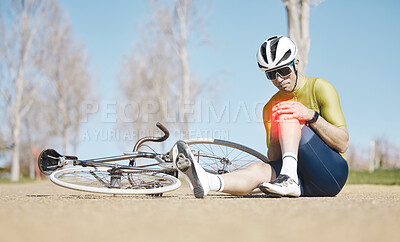 Buy stock photo Cycling, injury and man with knee pain in a road after fitness, training or morning cardio workout routine. Bicycle, accident and male cyclist with leg problem, fibromyalgia or arthritis while riding