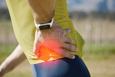 Buy stock photo Biker, hand or man with hip pain, injury or inflammation outdoors with torn muscle, strain or bruise. Cyclist, injured waist or sports athlete with accident, red glow or emergency in fitness training