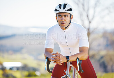 Buy stock photo Cycling, thinking and man on bike in nature for fitness, sports and training, cardio or morning routine. Bicycle, break and male cyclist stop to rest in a park while enjoying fresh air or the view