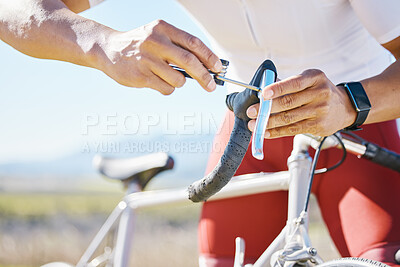 Buy stock photo Fixing, bicycle and a man outdoor with handlebar, gear or brake problem while cycling. Bike, hands and a sports person or athlete for maintenance, safety or repair tools on broken transportation
