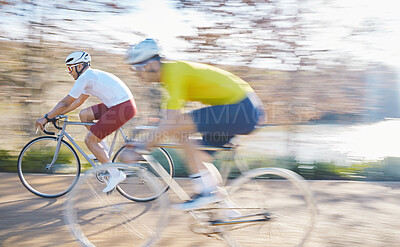 Buy stock photo Bicycle race, people and street with motion blur, speed or sport for fitness in countryside in summer. Men, cycling competition and together for fast moving, workout or adventure on journey in nature