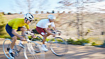 Bicycle race, people and road with motion blur, speed or sport for fitness, countryside and summer. Men, cycling contest and partnership for fast exercise, workout and adventure on journey in nature
