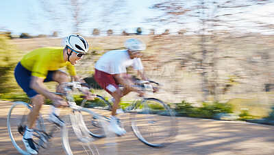 Buy stock photo Bicycle race, people and road with motion blur, speed or sport for fitness, countryside and summer. Men, cycling contest and partnership for fast exercise, workout and adventure on journey in nature