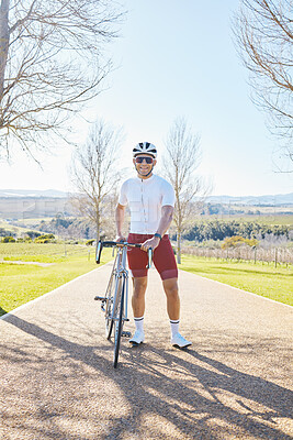 Buy stock photo Fitness, bicycle or happy man ready for cycling for training workout and exercise outdoors alone. Start, smile or healthy male sports athlete riding a bike on a road or path for freedom or wellness
