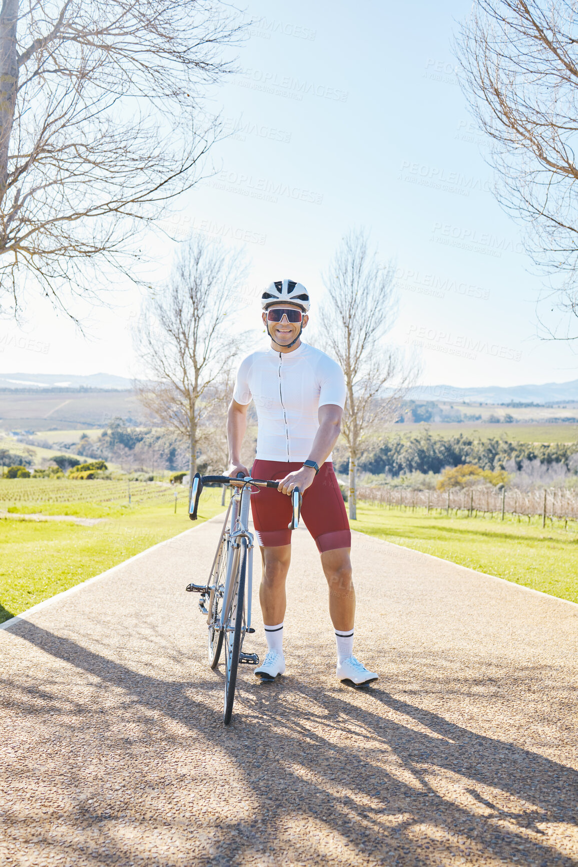 Buy stock photo Fitness, bicycle or happy man ready for cycling for training workout and exercise outdoors alone. Start, smile or healthy male sports athlete riding a bike on a road or path for freedom or wellness