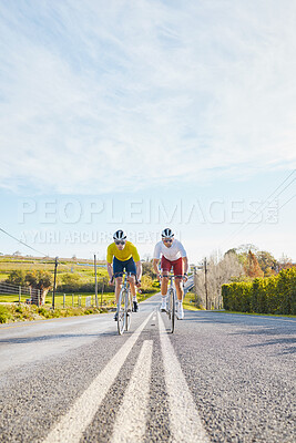 Buy stock photo Fitness, mockup or people cycling on bicycle for training, cardio workout or race exercise in countryside. Space, male friends or sports athletes riding bike on road or path for a challenge together