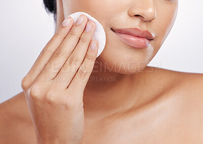 Buy stock photo Beauty, skincare and cotton with face of woman for facial, makeup remover and cosmetics. Wellness, glow and self care with closeup of female model on white background for product, dermatology and spa