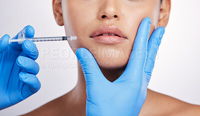 Buy stock photo Hands, needle and face with collagen, studio and cosmetics surgery for beauty, change and lip filler by white background. Surgeon, syringe and facial transformation for woman, service and skincare
